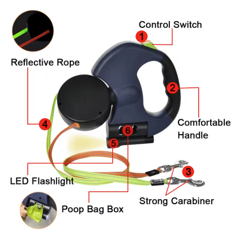 Dual Dog Leash Lead No Tangle With Lights